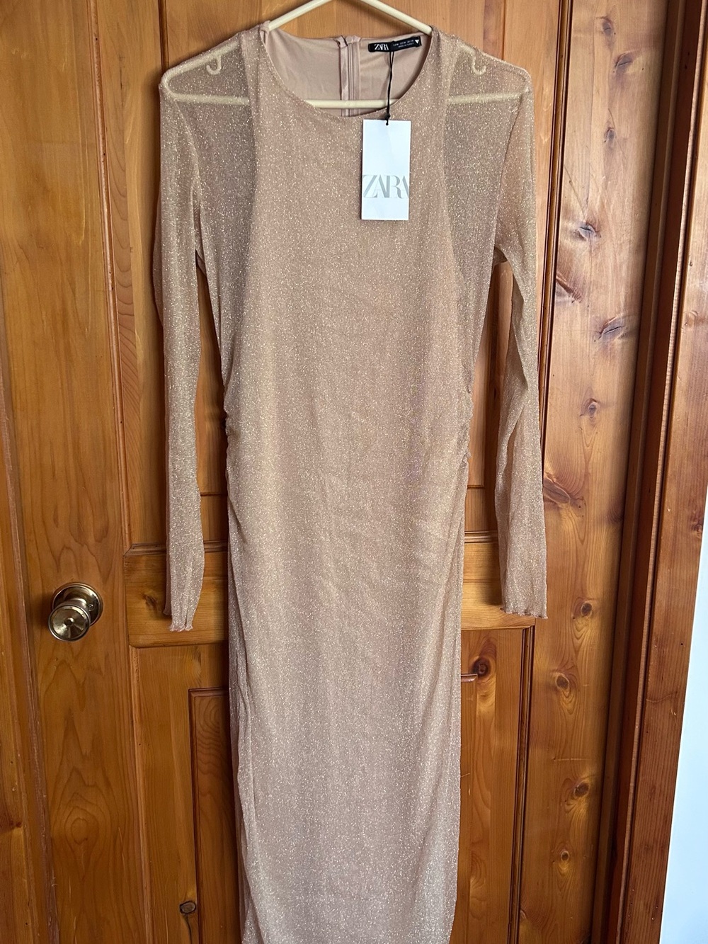 Zara Shimmery Nude Long Sleeve Midi Dress